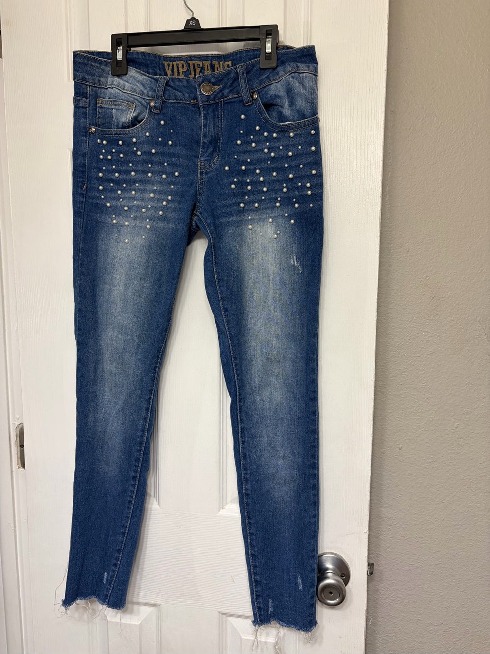 VIP Blue Skinny Jeans with Pearl Studs